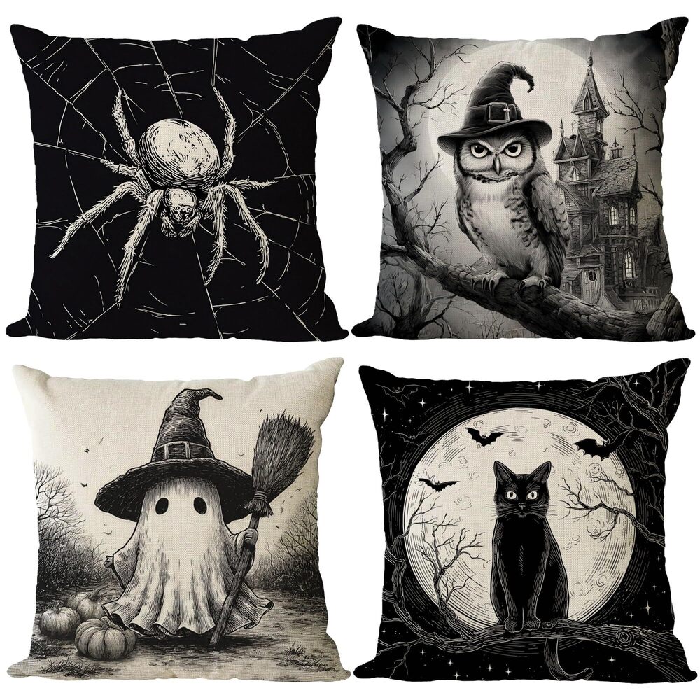 9344 Set of 4 Halloween Pillow Covers 16x16 Inch Spooky Ghost Cat Owl